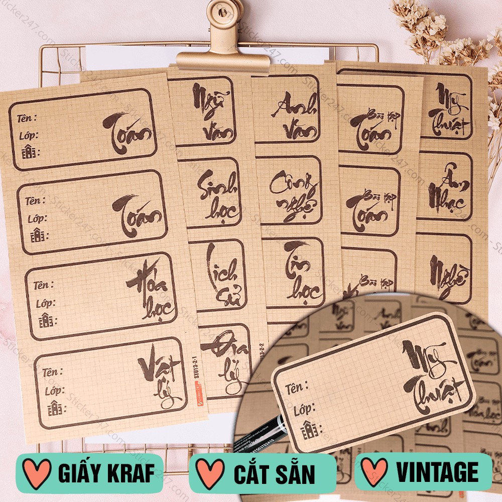 Sticker Nhãn Vở Môn Học Tiện Lợi Cho Cấp 2, Cấp 3 🌈𝑭𝒓𝒆𝒆𝒔𝒉𝒊𝒑 Giấy Kraf Vintage 🍃 Sticker Nhãn Vở Ham Học