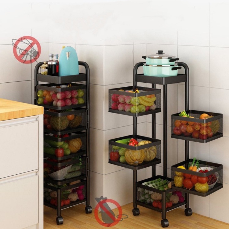 Kệ xoay đa năng 5 tầng vuông, kệ để đồ nhà bếp đựng rau củ quả có bánh xe giá rẻ
