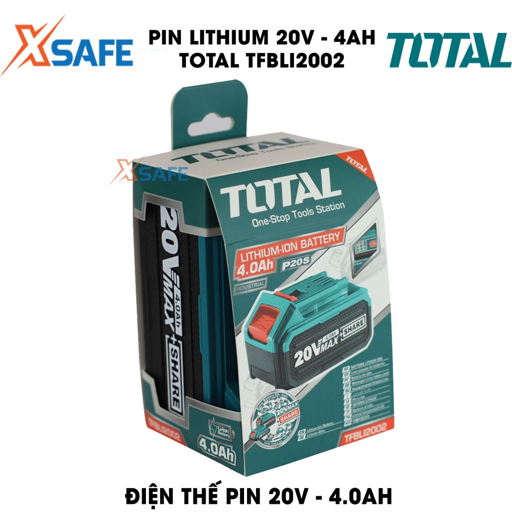 Pin Lithium 20V/4.0Ah TOTAL TFBLI2002 Pin lithium 20V dùng cho nhiều loại máy Total dùng pin 20V, có đèn LED báo pin