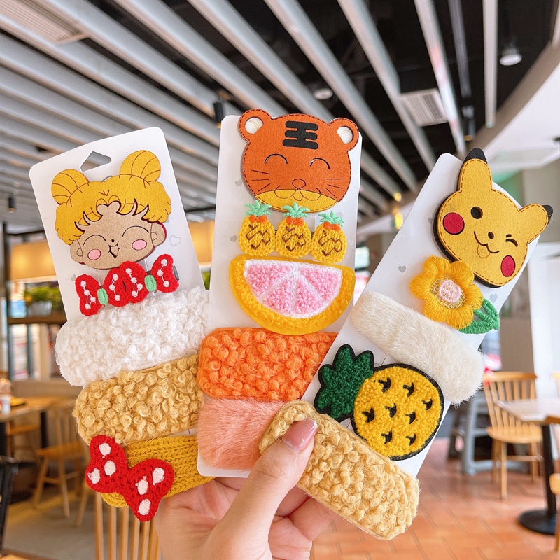 Kẹp Tóc Phủ Lông Cừu Họa Tiết Hoạt Hình Phong Cách Hàn Quốc Thời Trang Thu Đông Xinh Xắn Cho Bé Gái