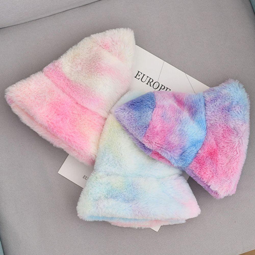 Mũ Tai Bèo Chống Nắng Bằng Polyester Phối Lông Giả Màu Cầu Vồng Dễ Thương Giữ Ấm Mùa Thu Đông