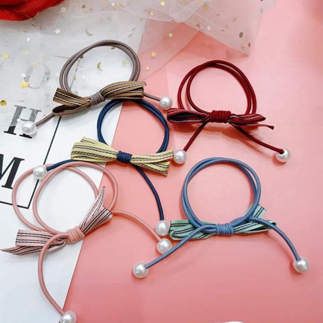 HỘP 10 CÁI CỘT TÓC BUỘC TÓC NƠ RƠI MẪU KÈM HẠT TRAI GIẢ