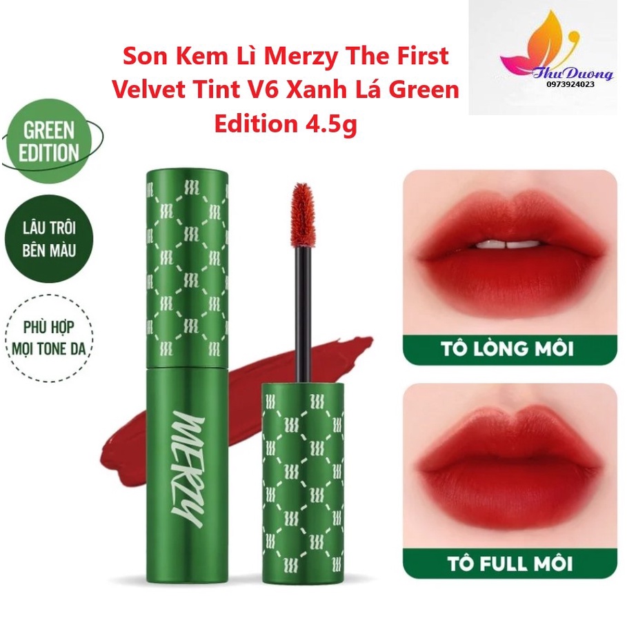 Son Kem Lì, Bền Màu, Lâu Trôi Merzy The First Velvet Tint V6 Xanh Lá Green Edition 4.5g