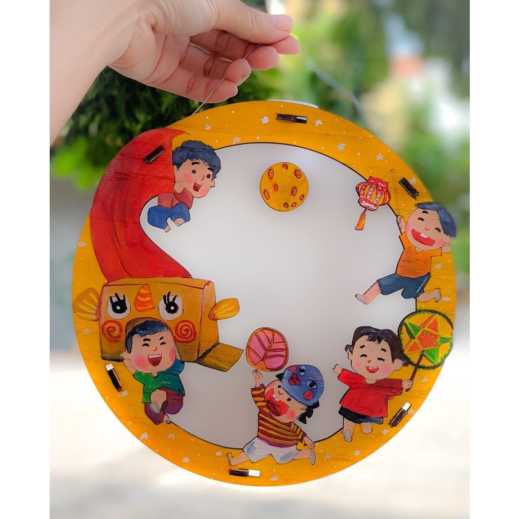 Đèn lồng gỗ trung thu, lồng đèn trung thu truyền thông Diy bé tự tô màu sáng tạo handmade đủ phụ kiện kèm màu tô và đèn