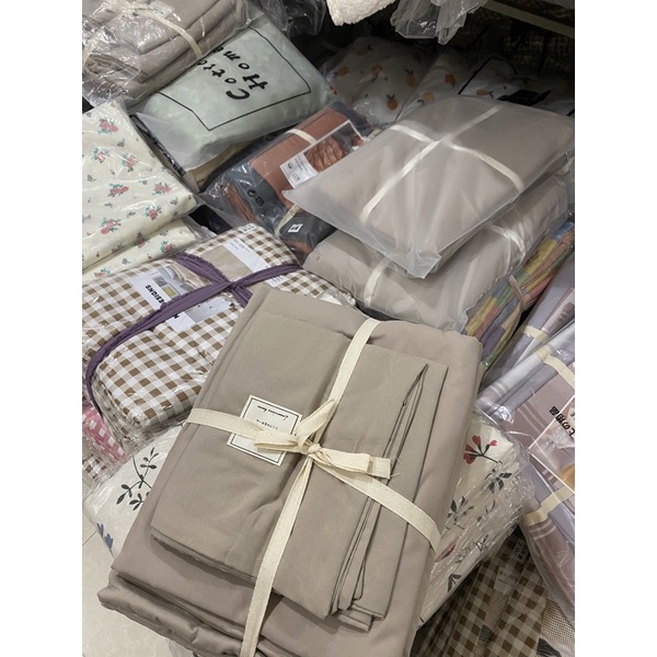 Set chăn ga gối Cotton đũi: màu beige