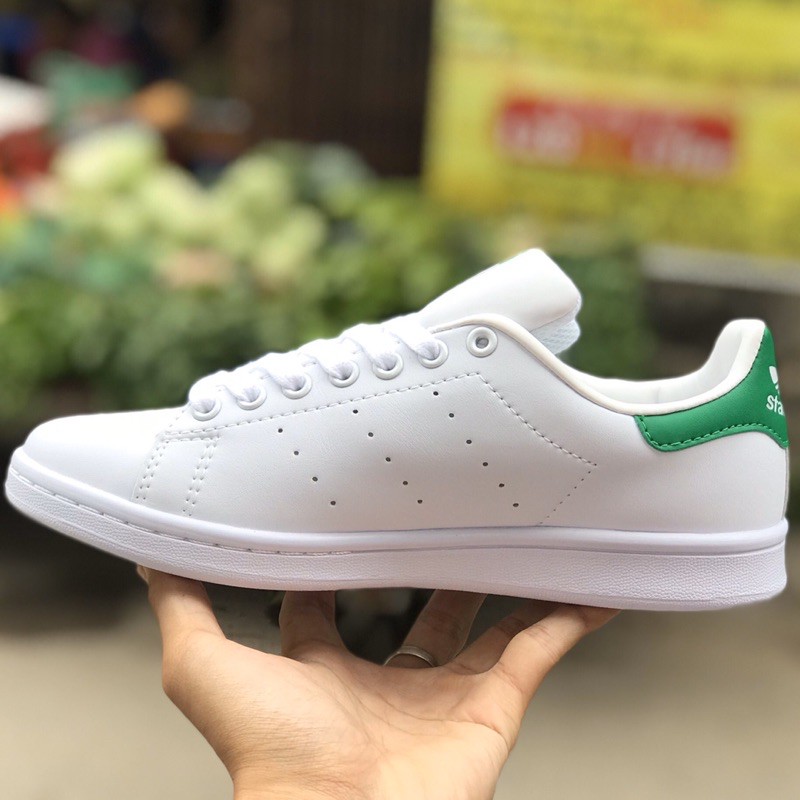 Giày thể thao Stan Smith trắng gót xanh cổ thấp cho nam và nữ