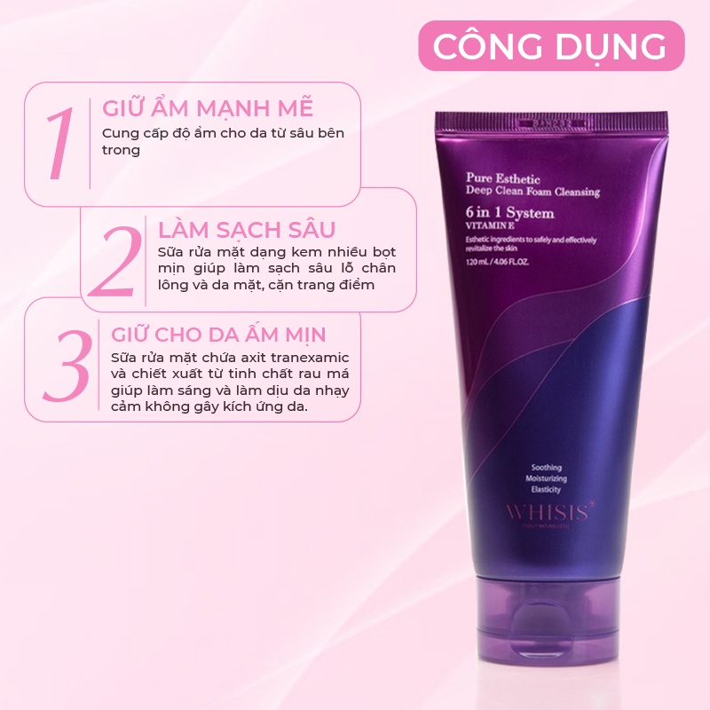 Sữa rửa mặt trắng da Vitamin E WHISIS Hàn Quốc Pure Esthetic Deep Clean Foam Cleansing giúp làm sạch sâu 120ml
