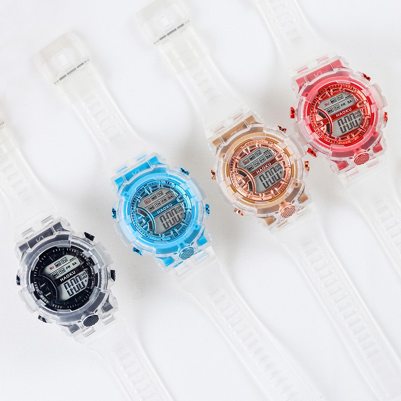 Đồng hồ điện tử thể thao thời trang unisex (nam - nữ) dây nhựa trong suốt cao cấp HAOKU PKHRAS005 (43 mm)