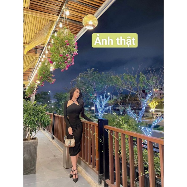 Set đầm ôm body cổ yếm cột dây + áo khoác croptop tay dài nhiều màu hot hit