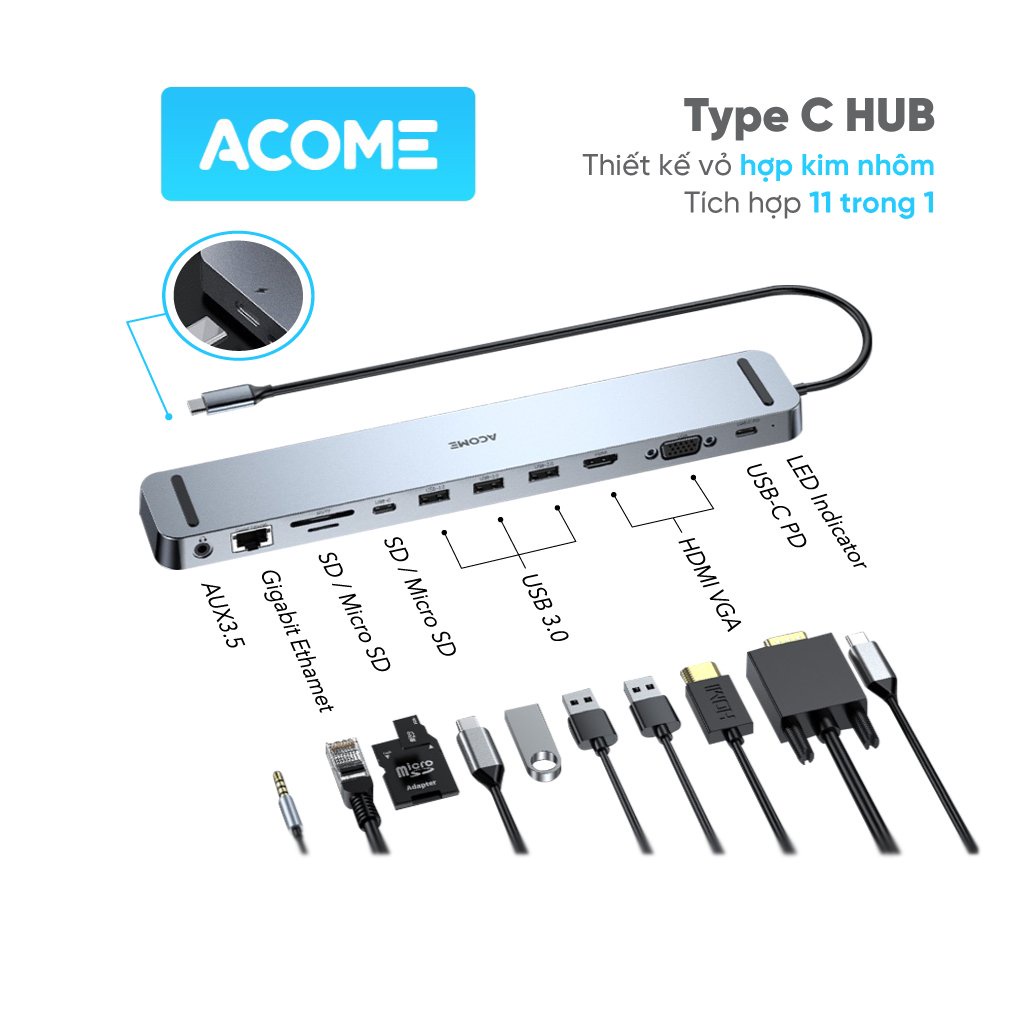 HUB Chuyển Đổi Type-C Acome AHT900 11 in 1 Cổng USB 3.0, SD/Micro Dành Cho Laptop
