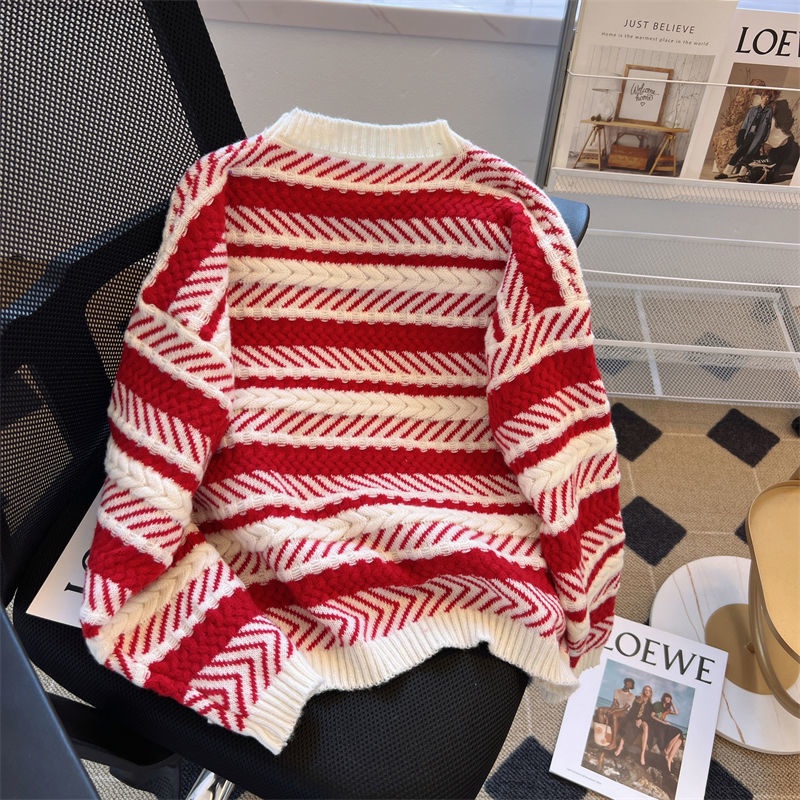 Áo Len Họa Tiết Kẻ Sọc Màu Sắc Tương Phản Phong Cách Hàn Quốc Thời Trang Thu Đông Cho Nữ