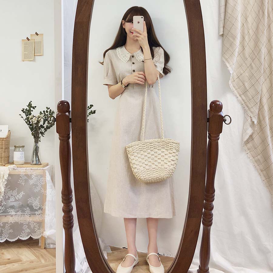 Đầm Nữ - Đầm Dáng Suông Tay Bồng Cổ Sen Họa Tiết Vintage Phong Cách Hàn Quốc | BigBuy360 - bigbuy360.vn