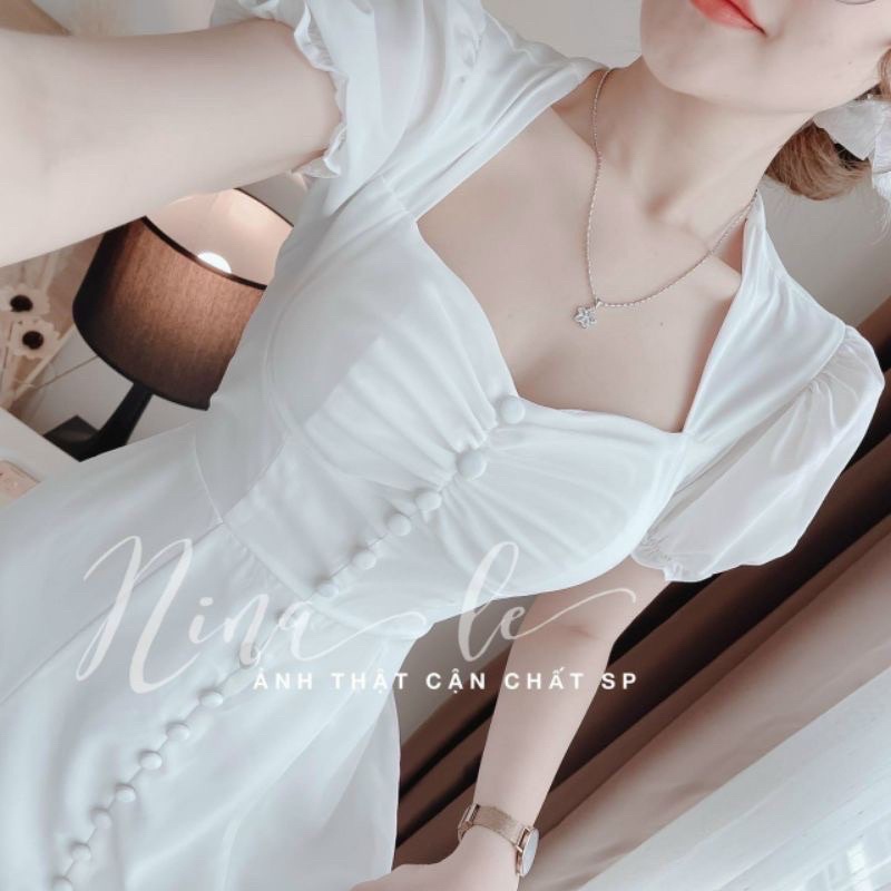 ĐẦM TIỂU THƯ DÀI ĐÍNH NÚT VOAN CỰC XINH