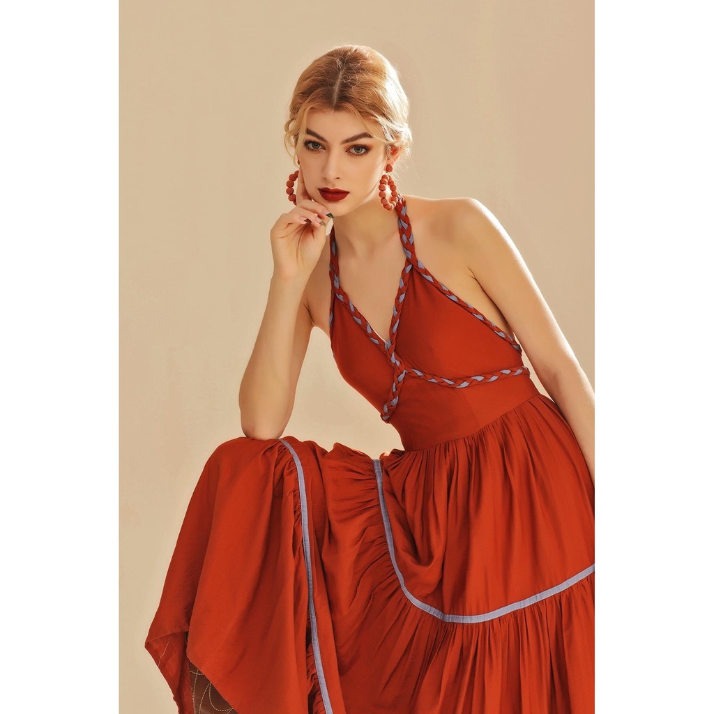 SÒ VINTAGE - KEIRA Đầm xòe cổ yếm dây tết