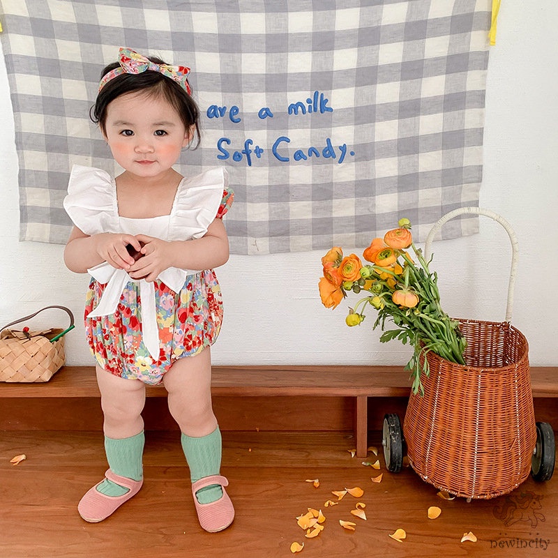 Bộ Áo Liền Quần Tay Ngắn Cổ Búp Bê Phối Bèo In Hoa Dễ Thương Phong Cách Hàn Quốc Cho Bé Gái