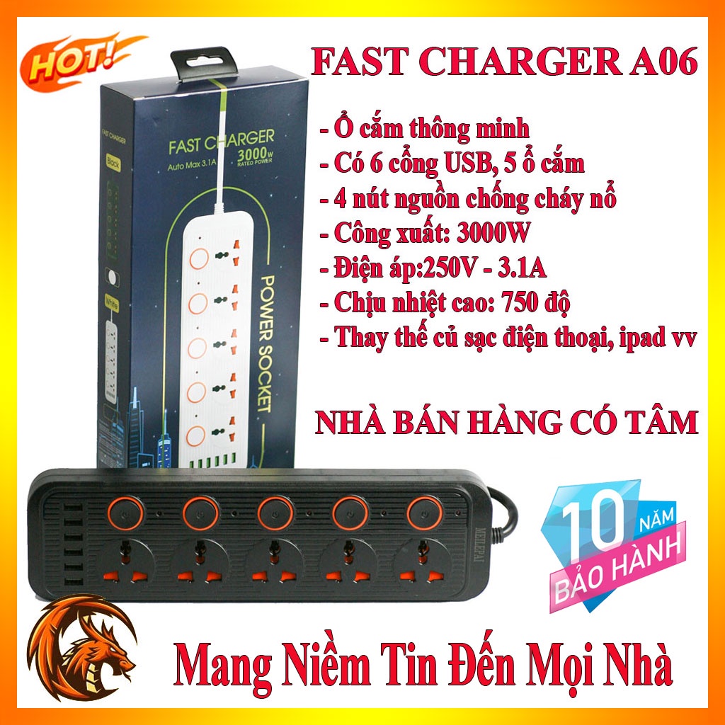 ️‍ 5 phích cắm, 6 USB ️‍ Ổ điện A06  - ổ cắm điện đa năng chống giật -ổ cắm điện thông minh kèm cổng sạc USB Max 3.1