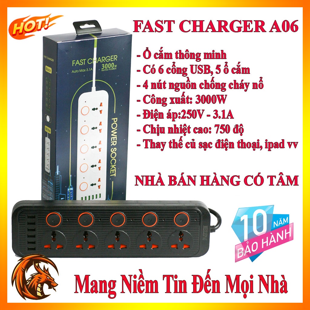 ️‍ 5 phích cắm, 6 USB ️‍ Ổ điện A06  - ổ cắm điện đa năng chống giật -ổ cắm điện thông minh kèm cổng sạc USB Max 3.1