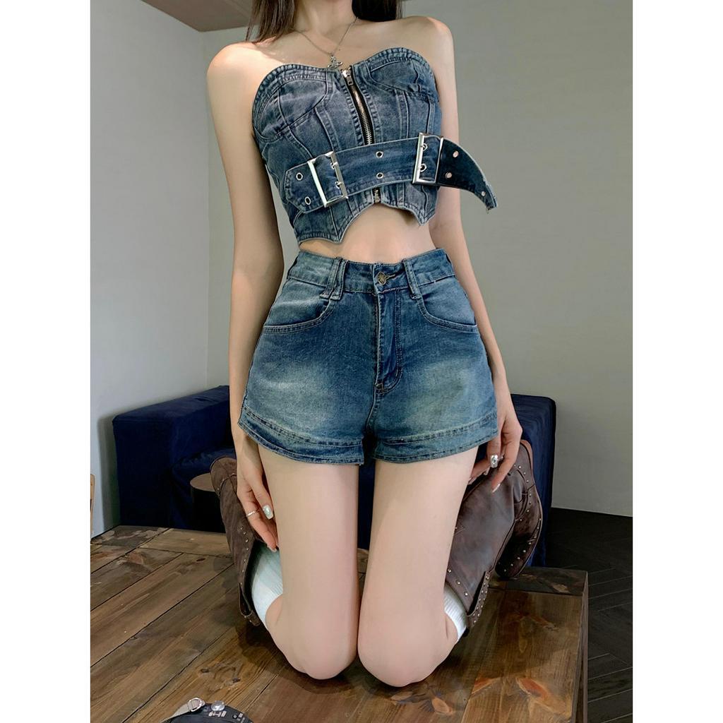 Lalisas Quần Short denim Lưng Cao Ôm Dáng Phong Cách retro Mỹ Cho Nữ