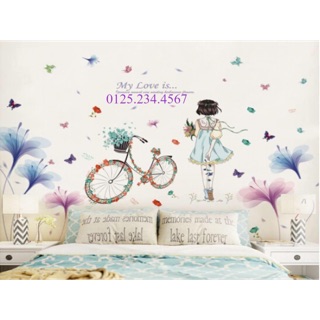 Decal dán tường Combo 2 tranh Hoa pha lê xanh tím + cô gái xe đạp