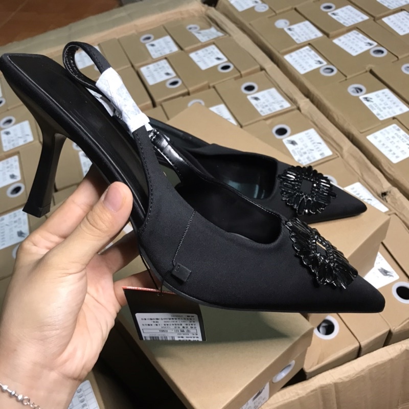 Giày cao gót mũi nhọn đá full đen ZR xuất Full box MS-8632-2