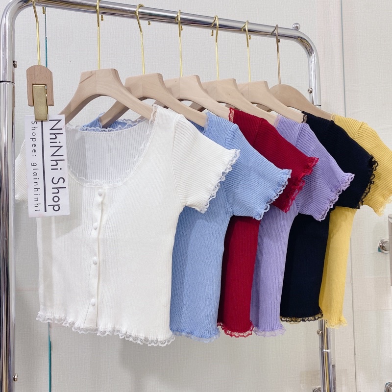 Áo len tăm croptop viền ren cúc bọc, Áo kiểu len mỏng dáng ngắn AL1123 - NhiNhi Shop