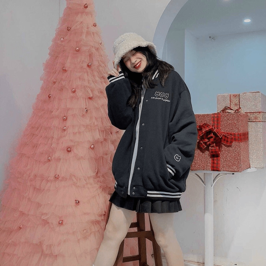 Áo Khoác Nhẹ Nữ Cúc Bấm From Rộng In Hình Gấu Siêu Xinh TP [NewUnisex]