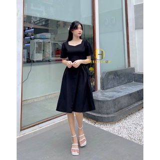 ĐẦM MIDI CỔ V XẾP LY EO TAY BỒNG