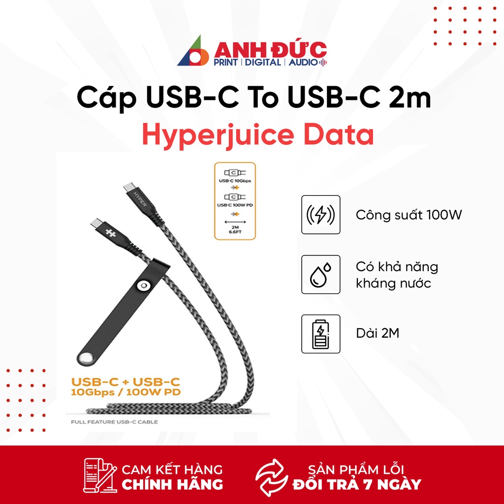 Cáp sạc USB-C To USB-C 2m Hyperjuice Data và Charging 10Gbps + 100W HD-CBG601 - Hàng chính hãng bảo hành 2 năm