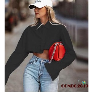 Áo Sơ Mi Crop Top Cổ Bẻ Màu Trơn Lệch Tà Thời Trang Mùa Xuân Cho Nữ