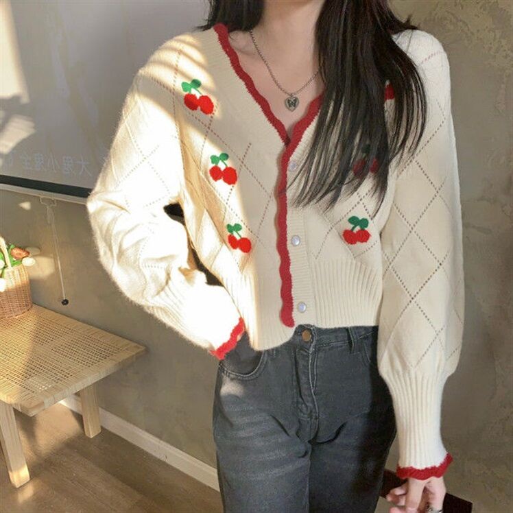 Áo Cardigan dệt kim dài tay cổ chữ V hoạ tiết cherry thiết kế đơn giản