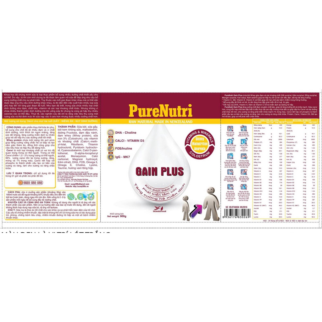 Sữa Bột PureNutri Gain Plus 900g - Kích Thích Thèm Ăn, Phát Triển Tầm Vóc, Tăng Cường Hệ Miễn Dịch