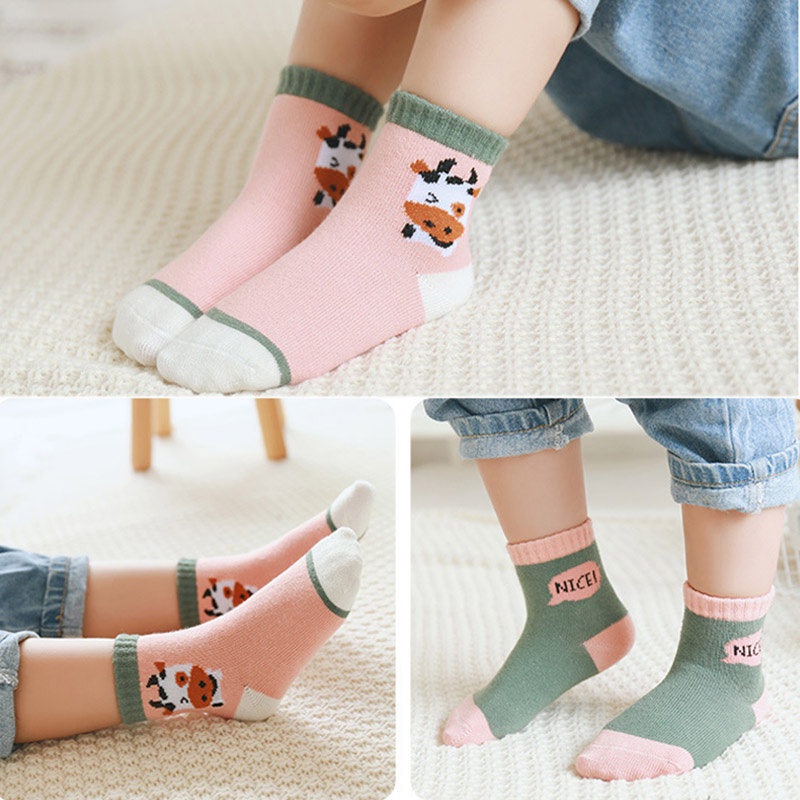 Set 5 Đôi Vớ Cotton Kẻ Sọc Họa Tiết Hoạt Hình Cho Bé