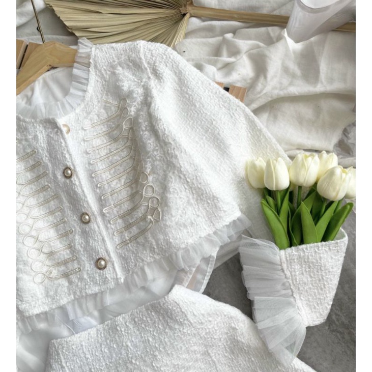 Set dạ tweed 3 món màu trắng