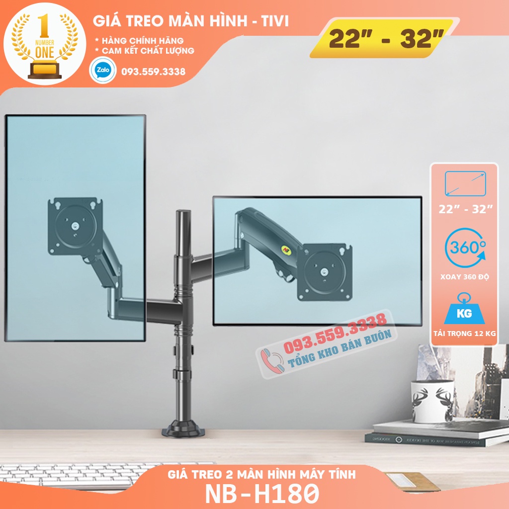 ﹍۩Giá Treo 2 Màn Hình NB - H180 Hỗ Trợ 22 32 Inch / Tay Hai Tải Trọng 12Kg Lắp Đặt Gắn Bàn