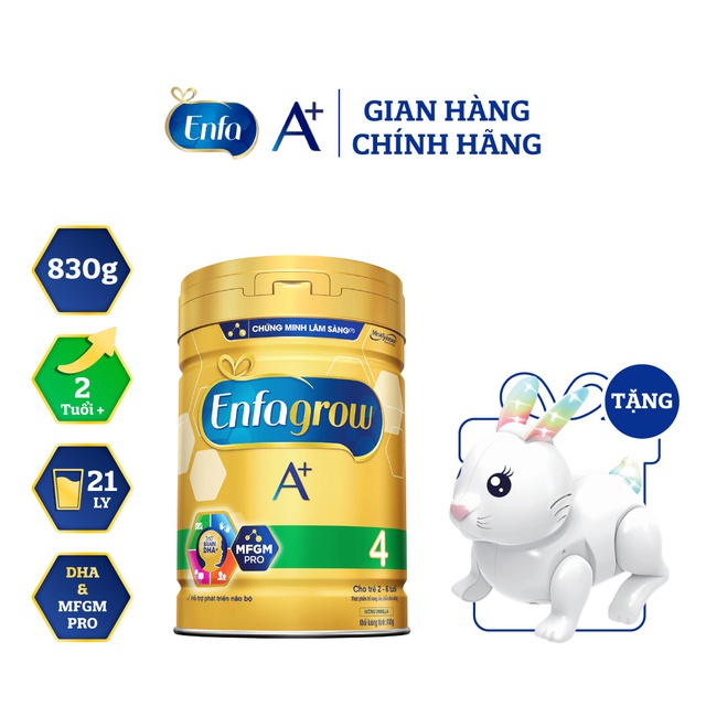 [Tặng Đồ Chơi Thỏ Dùng Pin] Sữa Bột Enfagrow A+ 4 Với DHA Và MFGM Cho Trẻ Từ 2-6 Tuổi – Lon 830g