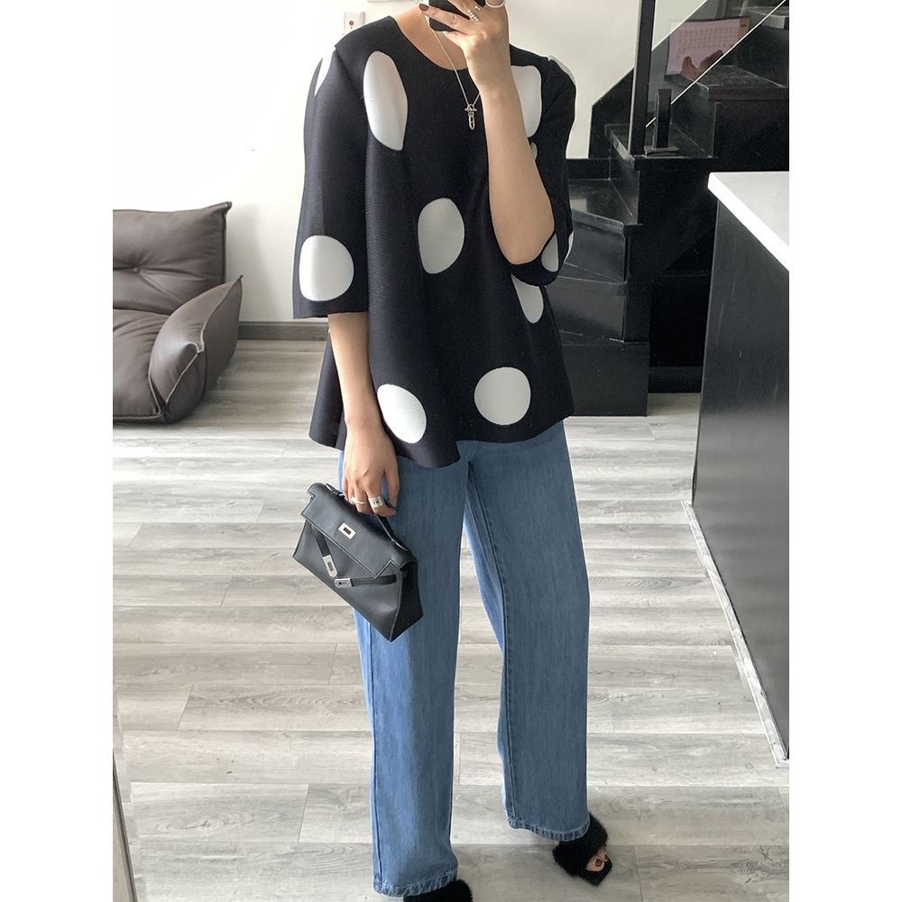 Áo Thun Cổ Tròn Tay Lửng Dáng Rộng Họa Tiết Chấm Bi Phong Cách Nhật Bản Thời Trang Mùa Hè 2022 Cho Nữ