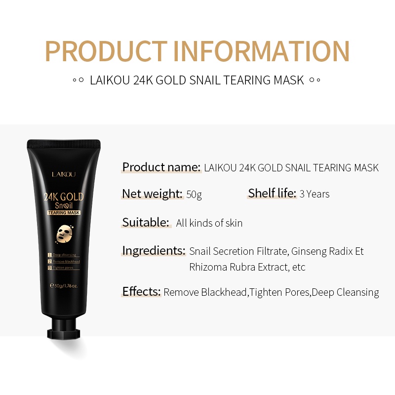 Mặt nạ LAIKOU dạng lột chiết xuất ốc sên vàng 24K se khít lỗ chân lông chăm sóc làn da 50g