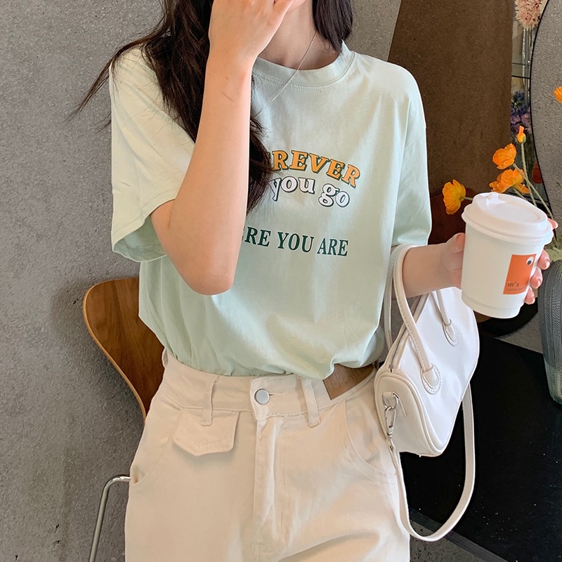 SUXI Áo Thun Tay Ngắn Cổ Tròn Dáng Rộng In Chữ Thời Trang Mùa Hè Cho Nữ