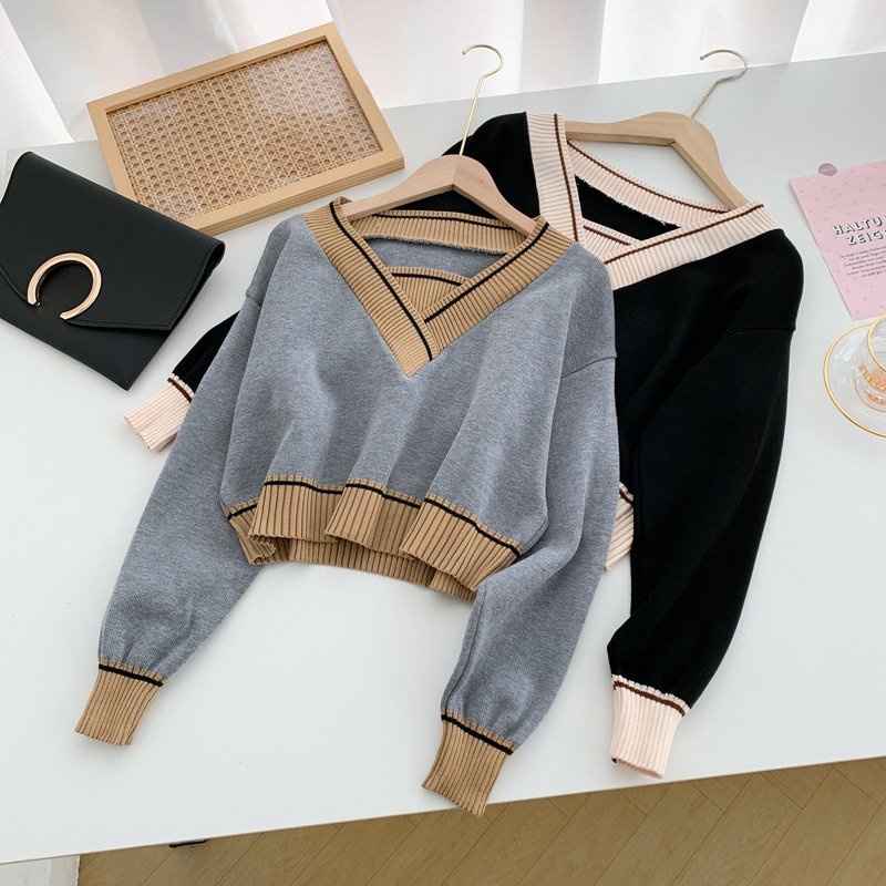 Áo Len Croptop Thủy Thủ Cổ V Tay Dài Dáng Rộng Họa Tiết Sọc Ngang Cá Tính Phong Cách Thời Trang Hàn Quốc M127 N-11
