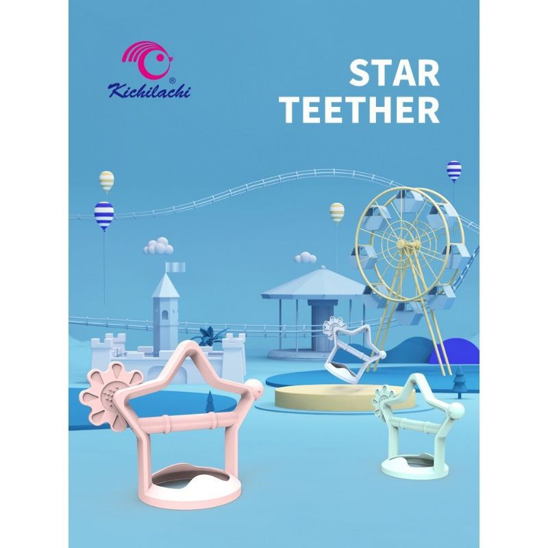 Gặm Nướu Cho Bé Kichi Hình Ngôi Sao,Chất Liệu 100% Slicone, Có Quai Cầm Chống Rơi, Cho Bé 3 Tháng Trở Lên! !