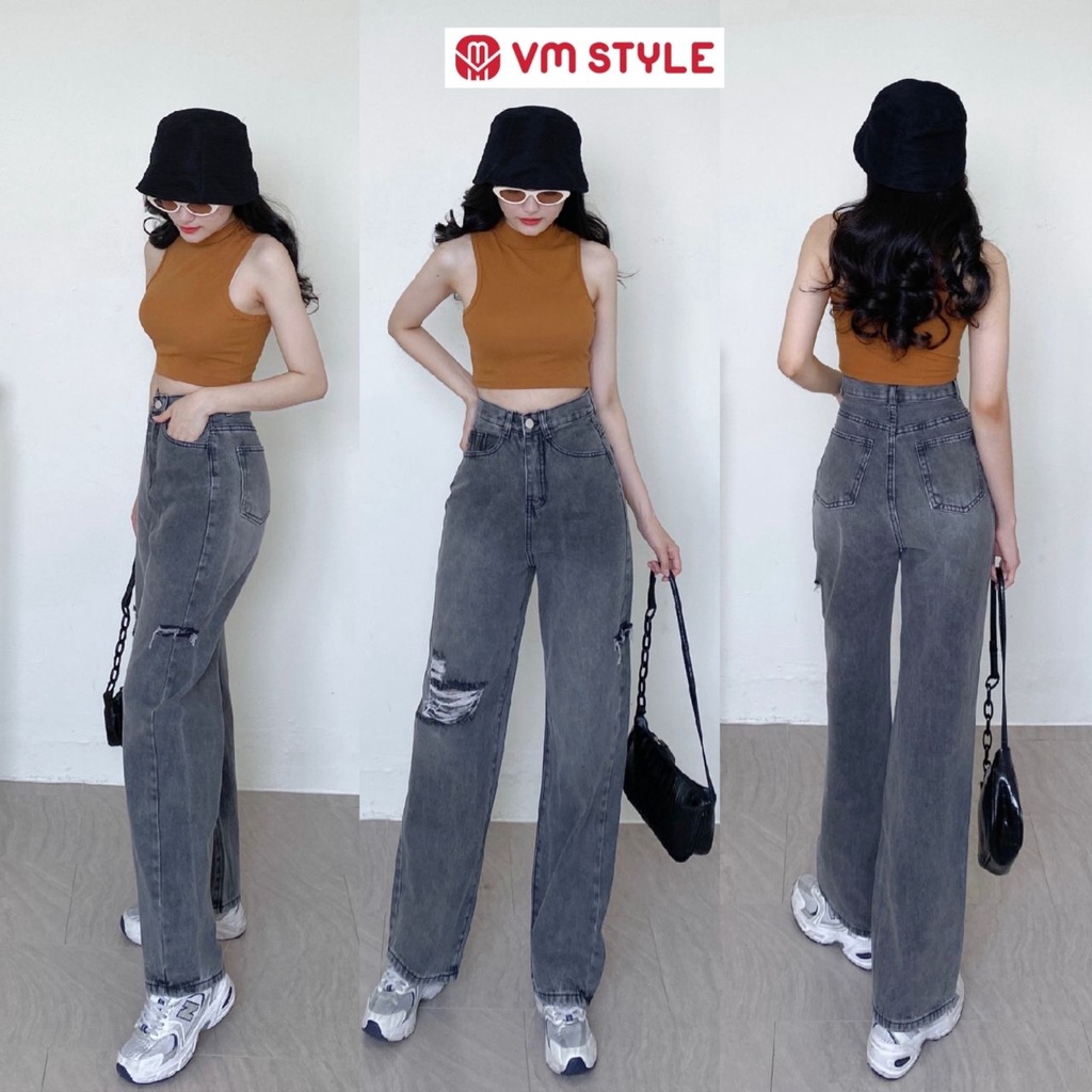 Quần jean ống rộng nữ lưng cao VM STYLE (không co giãn), quần bò rách đùi lai thường ulzzang nữ 5235 22QJR03TD2302