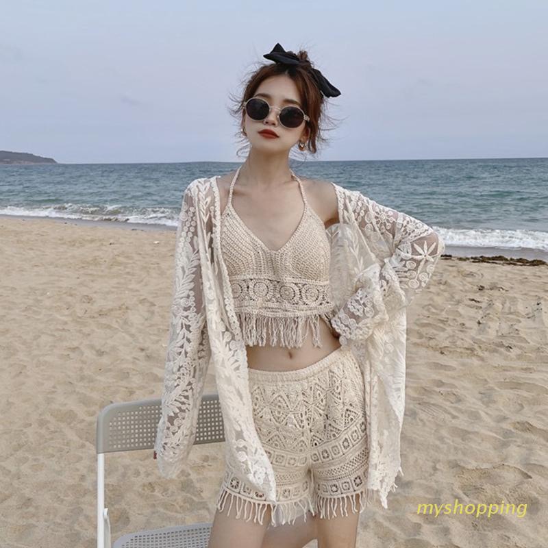 Áo Bikini Hai Dây Đan Móc Tua Rua Có Mút Đệm Phong Cách Boho Hàn Quốc Quyến Rũ Dành Cho Nữ