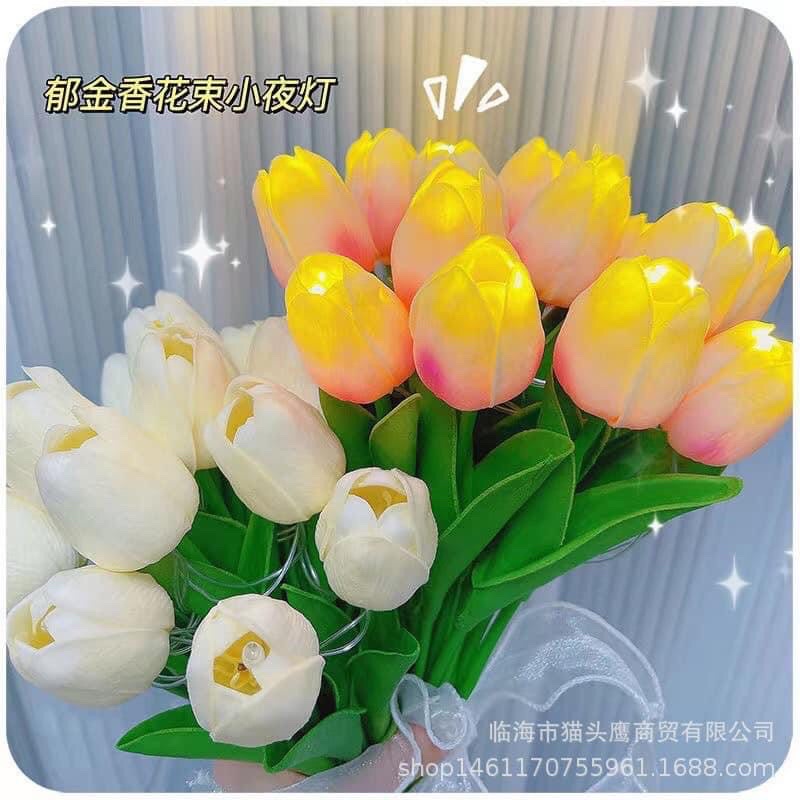 Bó 10 bông hoa tuylip đèn led phát sáng Hoa lụa giả kèm nơ xinh Decor trang trí nhà cửa, phụ kiện chụp studio