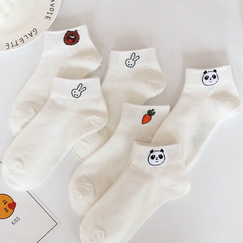 Tất vớ cổ ngắn nữ trắng họa tiết kute chất liệu cotton co giãn bốn chiều, set 5 đôi - Sope Shop