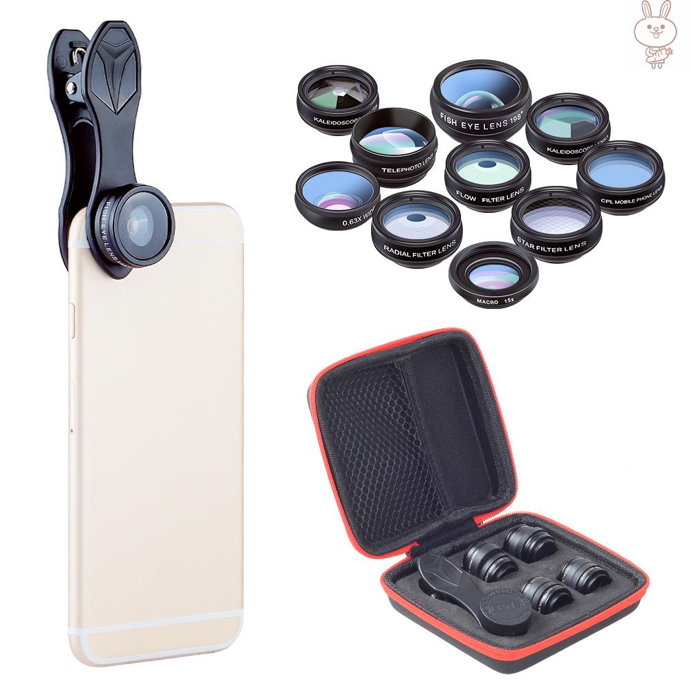 ol APEXEL 10 in 1 Phone Camera Lens Kit with 0.63X Wide Angle + 15X Macro + 198°Fisheye + 2X Telephoto + CPL + Star Filter + Radial Filter + Flow Filter + Kaleidoscope 3 + Kaleidoscope 6 Compatible with Android