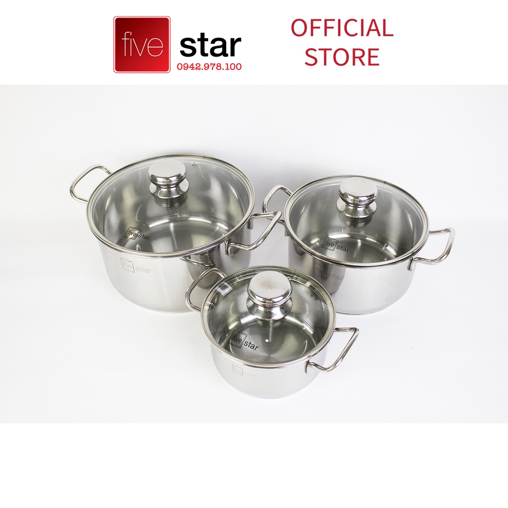 Bộ nồi xửng chảo 3 đáy inox 430 cao cấp FiveStar Standard 6 món bếp từ nắp kính tặng 5 muỗng inox