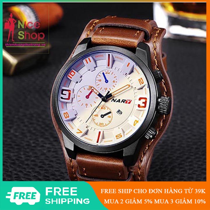 Đồng hồ dây da thể thao nam Nary mặt kính chống xước thiết kế mặt đồng hồ 2 màu - DH0155