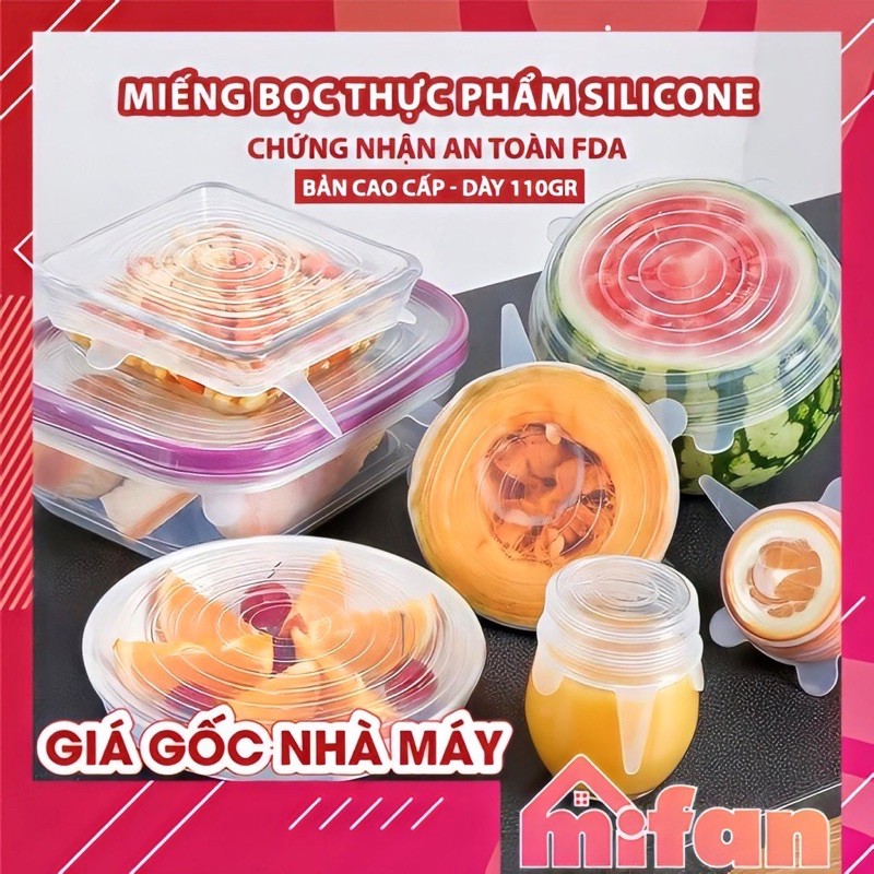 Bộ 6 Miếng Silicone Bọc Thực Phẩm - Nắp đậy màng Silicon bảo quản thức ăn