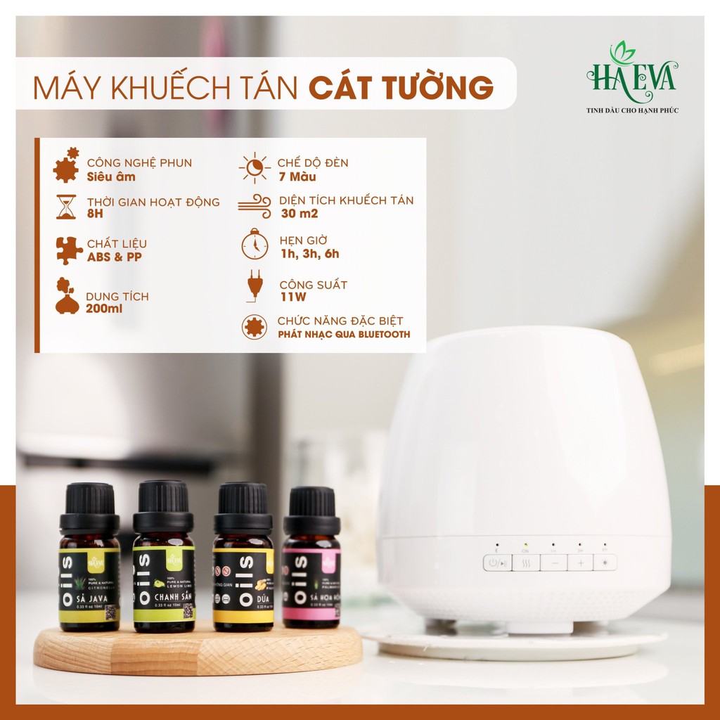 [FREESHIP & TẶNG TINH DẦU] Máy xông tinh dầu phòng ngủ Cát Tường HAEVA| Phun sương siêu mịn| Dung tích 300ml|BH 12 tháng