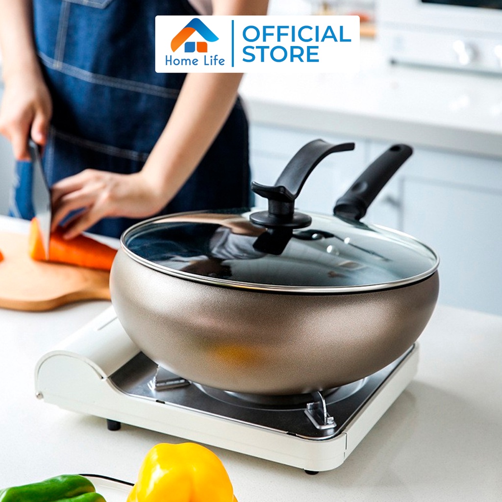Chảo Sâu Vung Kính Chống Dính Đáy Từ Dùng Được Với Mọi Loại Bếp
